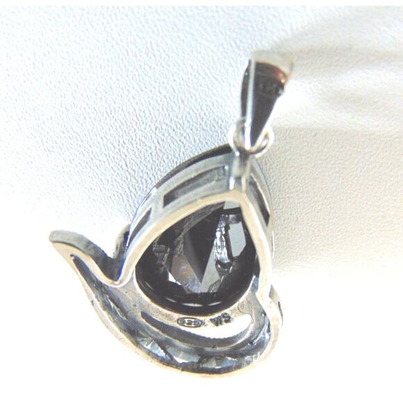 Black TEARDROP PENDANT Hematite Gem Marcasite Sterling Silver For Necklace 18mm - Picture 2 of 7